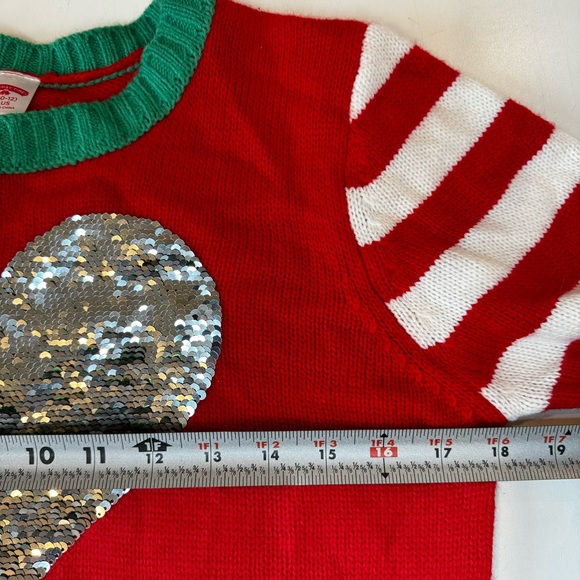 HOLIDAY TIME Christmas Sweater~Flip Sequin Green/Silver Heart~Girls L 10-12 PLUS - Picture 10 of 12
